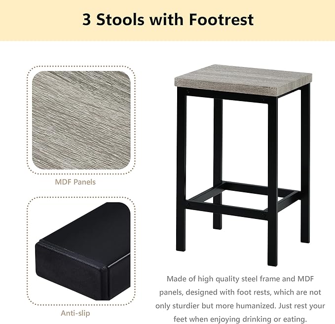 Merax 4-Piece Counter Height 60.2inch Extra Long Dining Table Set with 3 Stools and Side Table with Footrest,Space-Saving Pub Kitchen Set,Gray