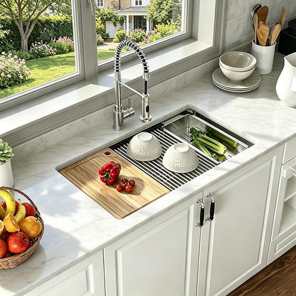 Undermount Kitchen Sink - Oumuch 33 inch Undermount Workstation Sink 16 Gauge Stainless Steel Kitchen Sinks Handmade Single Bowl Under Counter Sinks Basin with Accessories