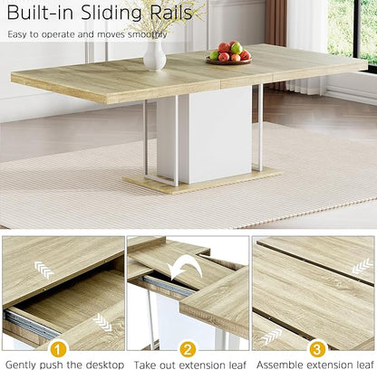 78.74" Wooden Extendable Dining Table for 8-10 People, Modern Farmhouse Expandable Kitchen Table with White Pedestal Base, Long Large Rectangular Extendable Kitchen Dining Room Table, Light Oak