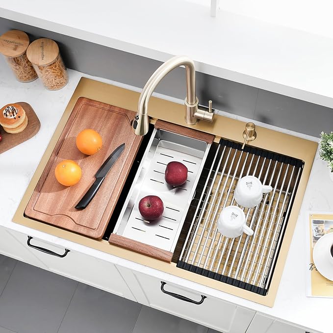 33x22 Drop in Kitchen Sink Gold - 16 Gauge Stainless Steel Single Bowl Workstation Sink with Accessories, 10 Inch Deep Topmount