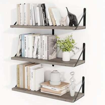 Heimlove Floating Book Shelves for Wall,23.6 Inches Wall Bookshelf Mounted Display&Storage Wood Shelves for Kitchen Bathroom Laundry Living Room,Set of 3,Silver Grey
