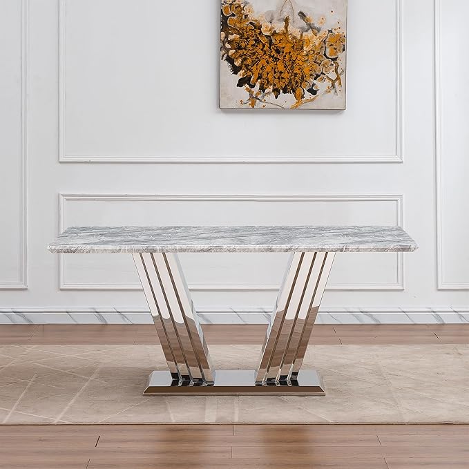 70" Marble Dining Table for 6-8, Modern Luxury Silver Rectangular Large Kitchen Table, Marble Grain MDF Tabletop & Stainless Steel Base, Dinner Furniture for Kitchen Dining Room, Meeting Room, Grey