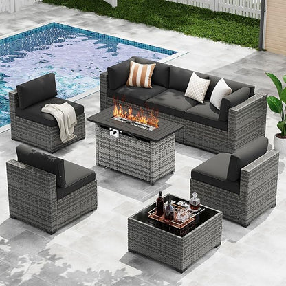 LazySunsets 8-Piece Patio Furniture Set with 44" Fire Pit Table, Wicker Outdoor Furniture, Patio Conversation Sets with Coffee Table, Outdoor Sectional Couch with Waterproof Cover, Black