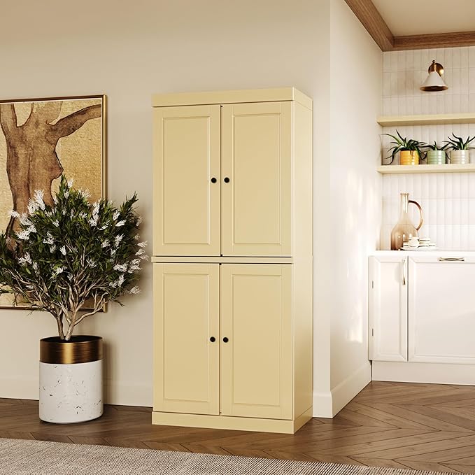 Palace Imports Solid Wood Kitchen Pantry Cabinet - 71.5" H x 32" W Tall Storage Cupboard - Yellow, Adjustable Shelves & 2-Drawer Kit, Freestanding, 100% Renewable Eco-Friendly Wood, Made in Brazil