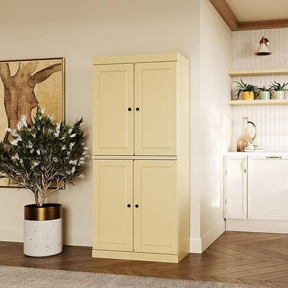 Palace Imports Solid Wood Kitchen Pantry Cabinet - 71.5" H x 32" W Tall Storage Cupboard - Yellow, Adjustable Shelves & 2-Drawer Kit, Freestanding, 100% Renewable Eco-Friendly Wood, Made in Brazil