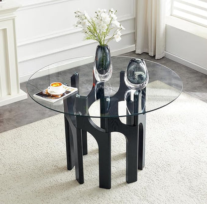 Glass Round Dining Table for 4 6 Person, 46 Inch Glass Kitchen Dining Room Table with Wooden Black Pedestal Base,Modern Circle Clear Glass Top Dinner Table for Small Spaces Home/Apartment