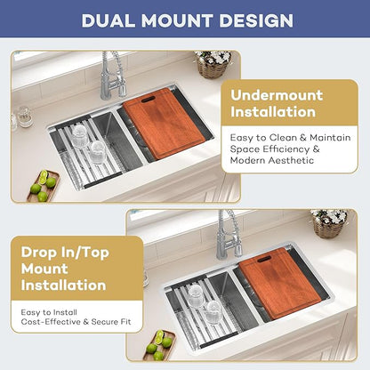 LQS 30 Inch Kitchen Sink Stainless Steel, Undermount Double Bowl Kitchen Sink, 50/50 Stainless Steel 16 Gauge Top-Grade with Fordable Roll-Up Drying Rack, Built-In Accessories and X-Shaped Drain Line