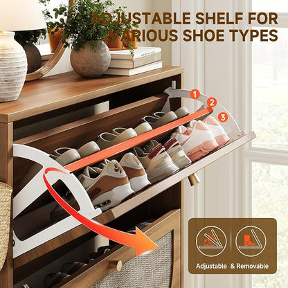 Nicetree Freestanding Ultra Slim Arched Rattan Accent Shoe Storage Cabinet for Entryway - 2 Flip Drawers & 3-Tier Adjustable Shelves, Farmhouse Modern Rustic Shoe Rack for Hallway Foyer,Brown