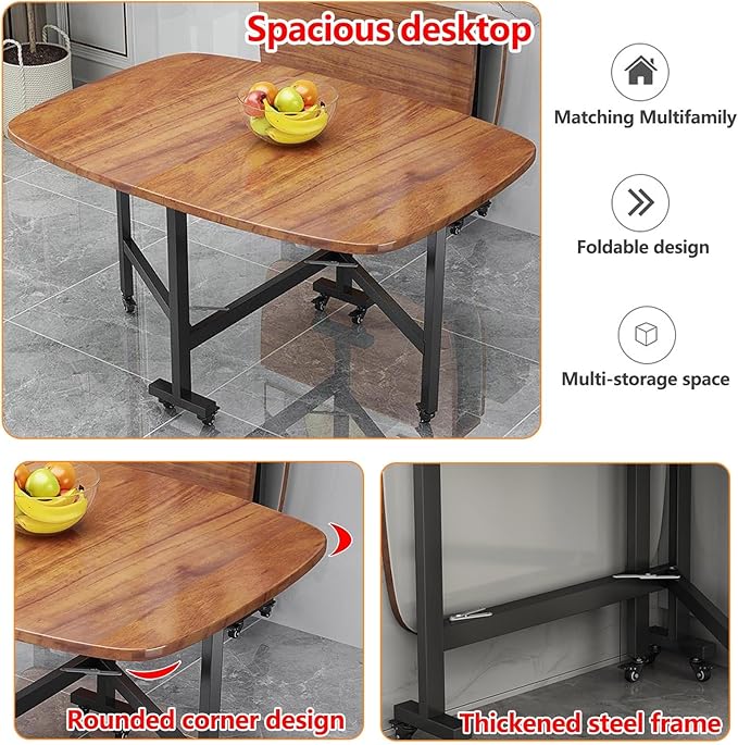 Folding Dining Table, Solid Wooden Foldable Kitchen Table with 6 Wheels, Living Room, Brown Drop Leaf Dining Table for 4-8, Multifunction Expandable Folding Table for Small Spaces Kitchen, Bedroom