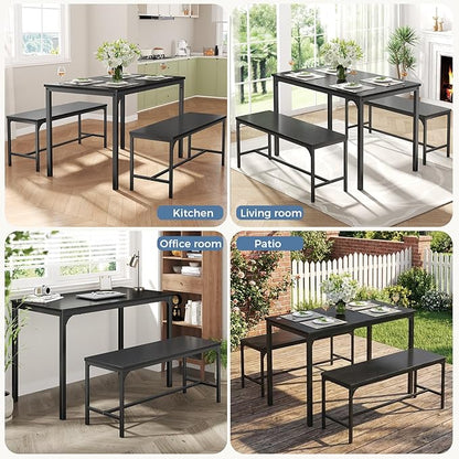 DUMOS Dining Table, Dining Table Set for 4 with Bench, Easy to Assemble Kitchen Table, Space-Saving Ideal 4-Person Set for Dining Room Kitchen Apartment Corner Dark Black 3 Pack