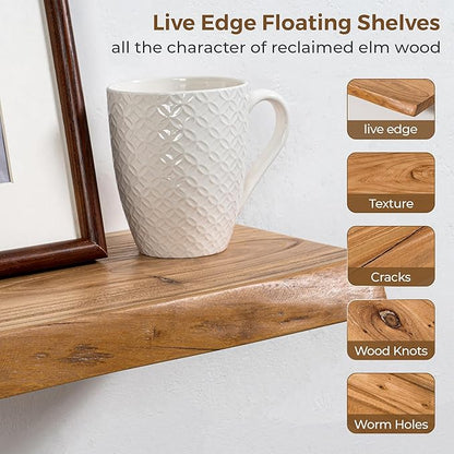 Axeman 32 inch Floating Shelves for Wall - 8'' D Live Edge Rustic Solid Elm Wood Floating Shelves Wall Mounted, Wall Shelves with Invisible Bracket for Living Room Bedroom Kitchen, Set of 2 Natural