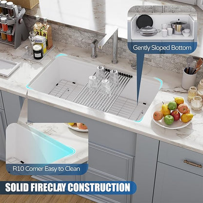 30 White Farmhouse Sink Workstation, Hugsleek Undermount Farm Kitchen Sink 30x20 inch Apron Front White Porcelain Ceramic Fireclay Sinks Ledge Accessories Single Bowl Under Counter Farmer Sinks Basin