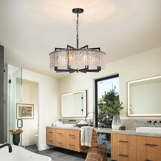 Modern Crystal Chandelier Black, 8-Light Modern Glass Pendant,Crystal Dining Room Light Fixture for High Ceiling Foyer | Large Kitchen Island | Sloped Ceiling Entryway | 30 Inches