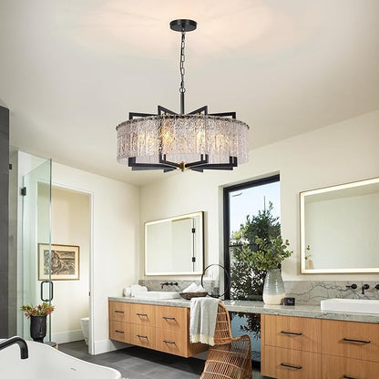 Modern Crystal Chandelier Black, 8-Light Modern Glass Pendant,Crystal Dining Room Light Fixture for High Ceiling Foyer | Large Kitchen Island | Sloped Ceiling Entryway | 30 Inches