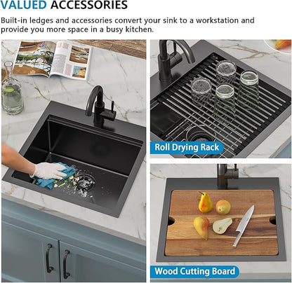 18"x18" Drop In Bar Prep Sink Workstation – Gunmetal Black NANO-PVD, 16 Gauge 304 Stainless Steel, Single Bowl Top Mount Wet Bar RV Outdoor Kitchen Sink with Faucet