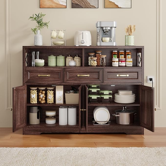 Ahomly 51" Buffet Cabinet with Adjustable Storage, Charging Port - 3 Drawers & 4 Doors Large Sideboard, Multi - Scene Coffee Bar/Microwave Stand for Kitchen,Living Room,Entryway（Brown）