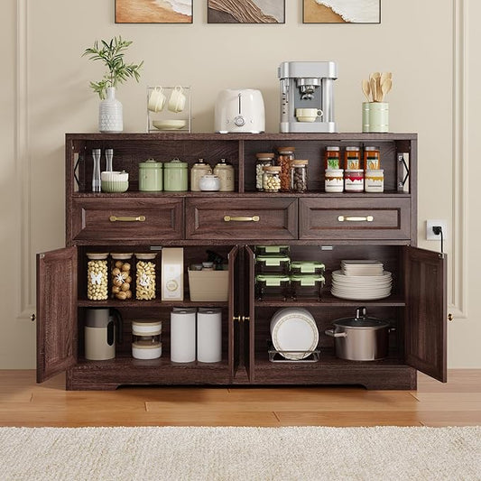 Ahomly 51" Buffet Cabinet with Adjustable Storage, Charging Port - 3 Drawers & 4 Doors Large Sideboard, Multi - Scene Coffee Bar/Microwave Stand for Kitchen,Living Room,Entryway（Brown）