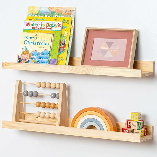 FLYJOE Picture Ledge Shelf for Wall, 24 inch Solid Ash Wood Nursery Book Shelves 2 Packs, Floating Shelves for Kids' Room Bedroom Bathroom Living Room Photo Frames Office Nursey Wall Decor, Natural