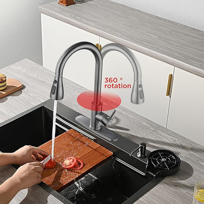 Kitchen Faucet with Pull Down Sprayer，Stainless Steel Single Handle Kitchen Faucet，1/3 Hole, Deck Plate Included，Suitable for farmhouses, Campers, Laundry Rooms, RVs, and Bars (Gun Gray)