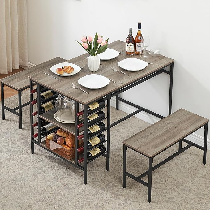 Garvee Dining Table Set for 4, Kitchen Table Set for 4 with 2 Benches, 3 Piece Dining Room Table Set for Small Space Apartment, Grey