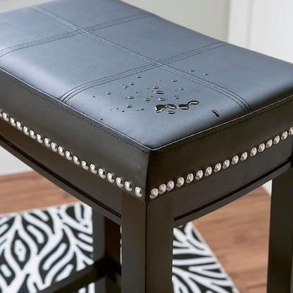 Linon Kingston Black Wooden Backless 26.5 Inch Seat Height Counter Stool with Black Faux Leather Upholstered Seat and Nailheads, Set of 2