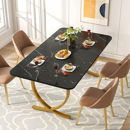 LITTLE TREE Dining Room Table, Kitchen Table with Faux Marble Table Top and Gold Metal Legs