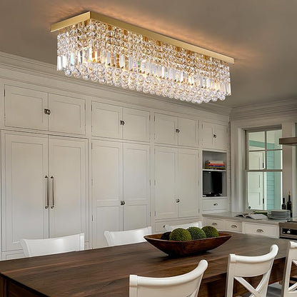 8-Light Gold Crystal Chandelier, Modern K9 Crystal Rectangle Chandelier for Dining Room Kitchen Island Hanging Pendant Light Fixture, L40 x W10 x H10