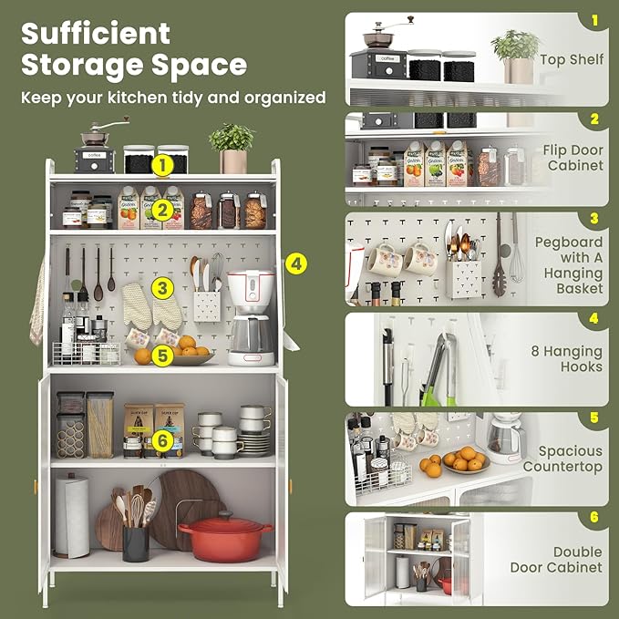 Giantex Pantry Organizers and Storage, 63.5" H Kitchen Buffet Cabinet with Hutch, Pegboard, 8 Hooks & 1 Hanging Storage Box, Standing Bakers Rack with Flip-up PC Doors, Tool-Free Assembly (White)