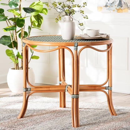 Bali & pari Mattie Natural Rattan Round Bistro Dining Table - Handwoven Cafe-Style Accent Table for Kitchen or Indoor/Outdoor Lounge, Dark Teal Green & White