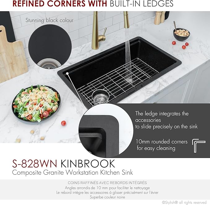 Stylish 28 x 18 Inch Composite Granite Workstation Kitchen Sink, Single Bowl Under Mount & Drop in, 9.5 in Deep, with Bamboo Cutting Board, Roll-Up Drying Rack, Colander & Strainer, Black, S-828WN