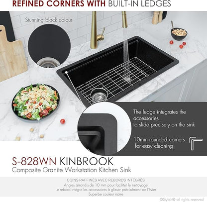 Stylish 28 x 18 Inch Composite Granite Workstation Kitchen Sink, Single Bowl Under Mount & Drop in, 9.5 in Deep, with Bamboo Cutting Board, Roll-Up Drying Rack, Colander & Strainer, Black, S-828WN