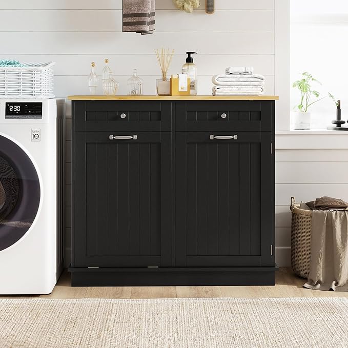 Giantex Tilt Out Trash Can Cabinet, Kitchen Island Table w/Solid Wood Top, 2 Drawers, Adjustable Shelf for Hidden Laundry Hamper, Pet Proof Garbage Can for Dining Living Room (Black, 14.5 Gal)