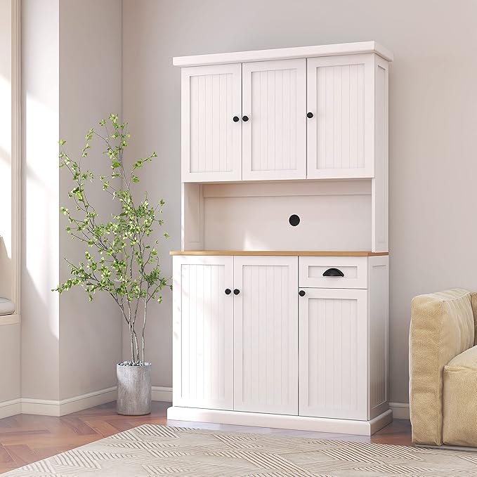 RASOO Kitchen Pantry Cabinet White 71" Freestanding Sideboard Storage Cabinet Furniture Microwave Cabinet with 6 Doors and 1 Drawer