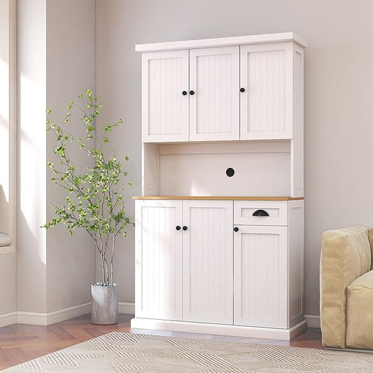RASOO Kitchen Pantry Cabinet White 71" Freestanding Sideboard Storage Cabinet Furniture Microwave Cabinet with 6 Doors and 1 Drawer