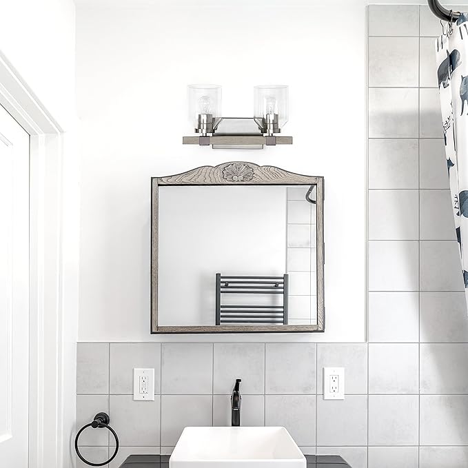 Elegant Designs VT1019-GRY 14" Country Farmhouse Gray and Brushed Nickel Decorative 2 Light Wall Mounted Metal Vanity Fixture with Clear Glass Shades