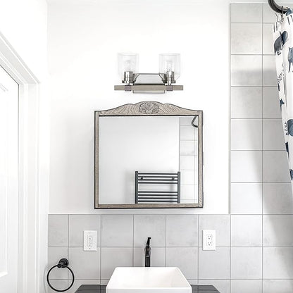 Elegant Designs VT1019-GRY 14" Country Farmhouse Gray and Brushed Nickel Decorative 2 Light Wall Mounted Metal Vanity Fixture with Clear Glass Shades