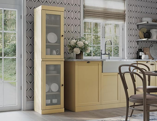 Palace Imports Solid Wood Kitchen Pantry Cabinet w/Frosted Glass Doors - Narrow Storage Cabinet - 16.5" Wide x 71.5" Tall - Yellow, Adjustable Shelves, 100% Eco-Friendly Wood, Modular Cabinets