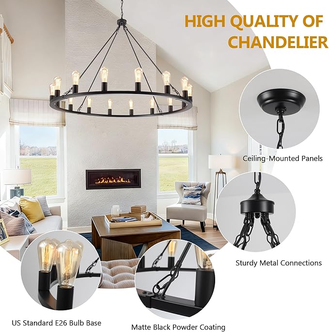 ANKYLHUA Large Black Wagon Wheel Chandelier 47 inch,16-Light Farmhouse Wagon Wheel Chandeliers Round Industrial Ceiling Light fixtures for Outdoor Porch high Ceilings Living Dining Room Foyer Entryway