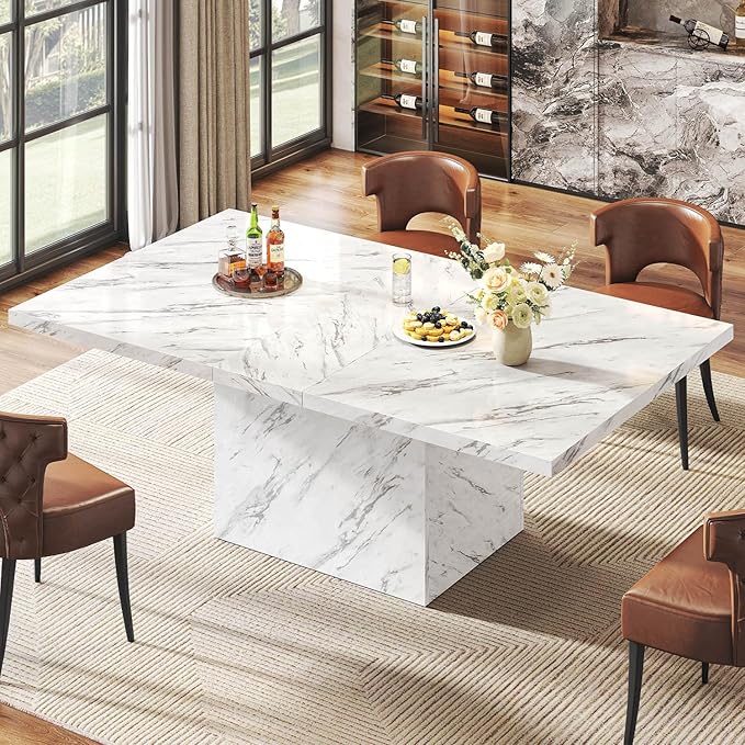 HSH White Faux Marble Dining Table, 63 inch Modern Dinner Table for 6 people, Farmhouse Rectangle Kitchen Table for Living Room, Large Wood Dining Room Tables with strong Pedestal, White Marble, 63 In