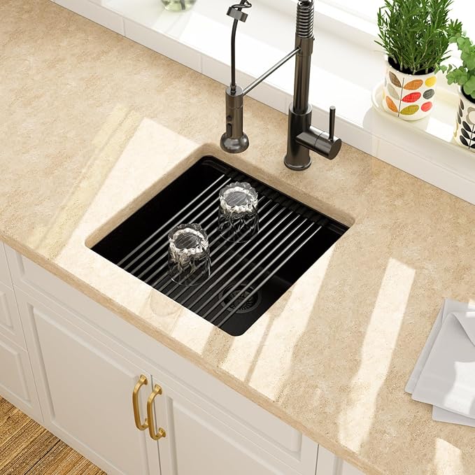Lordear 18 Inch Black Granite Composite Kitchen Sink Workstation 18x18 Matte Black Undermount Quartz Sinks Under Counter Single Bowl Sink with Black Accessories