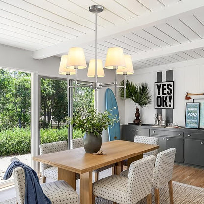 RUIYEY Dining Room Chandeliers Light - 5-Light Brushed Nickel Modern Chandeliers Light Fixtures with White Fabric Shade, Height Adjustable Pendant Island Lights for Entryway Farmhouse