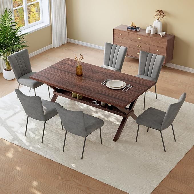 HIPIHOM 63 Inch Modern Dining Room Table Set for 6, MDF Kitchen Table with Upholstered Chairs, Scratch-Resistant Surface, Strong Metal Legs, Great for Apartments and Breakfast Nooks