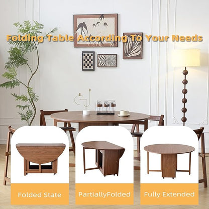 COMUHOME 47.3" Round Folding Dining Table for 4-8, Wood Kitchen Foldable Table Large Drop Leaf Dinner Table with Storage Shelf Metal Legs for Home Dining Room Living Room in Walnut