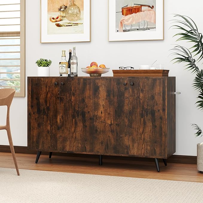 Giantex Sideboard Buffet Cabinet, 50’’ Accent Kitchen Storage Cabinet with 4-Door & 5-Position Adjustable Shelves, Modern Sideboard with 5 Legs, Buffet Table for Coffee Bar, Living Room, Rustic Brown