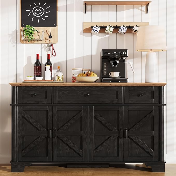BestHaped Farmhouse Buffet Cabinet with Storage, 55 Inch Black Sideboard Buffet Cabinet with Adjustable Shelves & 3 Drawers, Buffet Table Coffee Bar Wine Bar Storage for Kitchen & Living Room