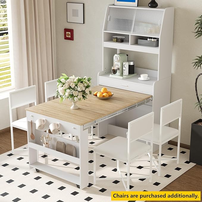 Compact Buffet with Hutch and Foldable Dining Table, Multifunctional Cupboard with Storage Shelf and Side Hooks, 2-in-1 Buffet for Small Places, Studio, Apartment (Natural-9c)