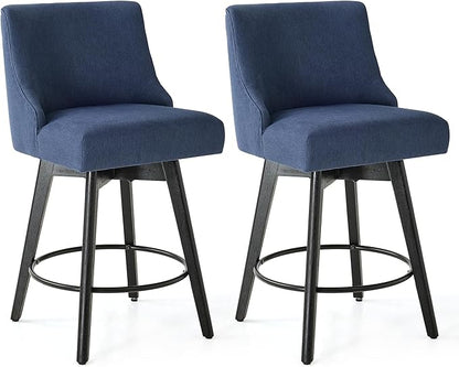 Counter Height Bar Stools Set of 4, Swivel Barstools with Backs and Wood Legs, Linen Fabric Upholstered Counter Stools for Kitchend Island, Mid-Century Modern 26" Seat Height Bar Chairs, Blue