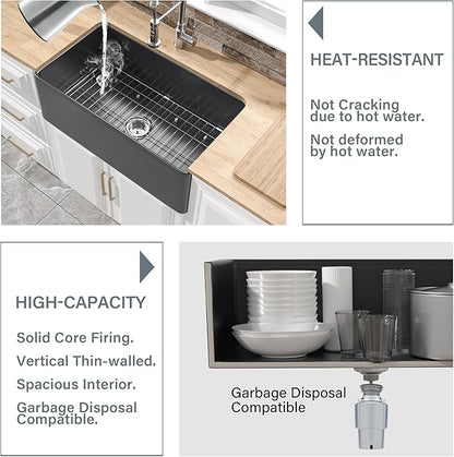 Black Farmhouse Sink 30 x 18 Inch, Firecaly Apron Front Undermount Farm Sink, Heavy Duty Single Bowl, with Accessories 2 Types, Matte Black, for Kitchen