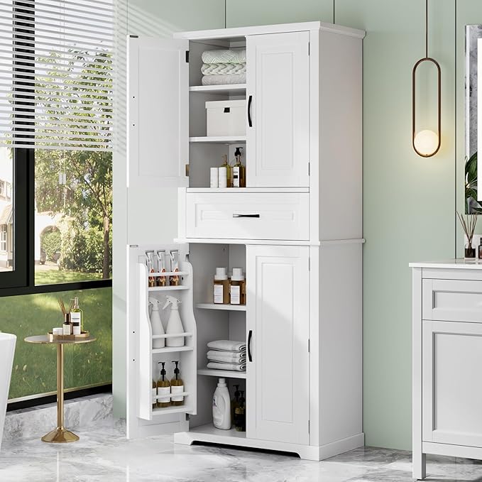 Merax 72" Tall Kitchen Pantry Storage Cabinet, Farmhouse Freestanding Large Cupboard with One Drawer, Bathroom Cabinet with Adjustable Shelves, 6 Door-Shelf for Dining Room, White