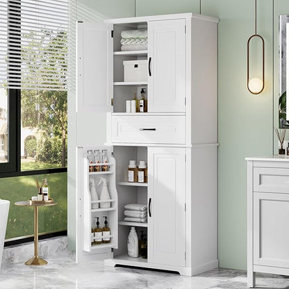 Merax 72" Tall Kitchen Pantry Storage Cabinet, Farmhouse Freestanding Large Cupboard with One Drawer, Bathroom Cabinet with Adjustable Shelves, 6 Door-Shelf for Dining Room, White